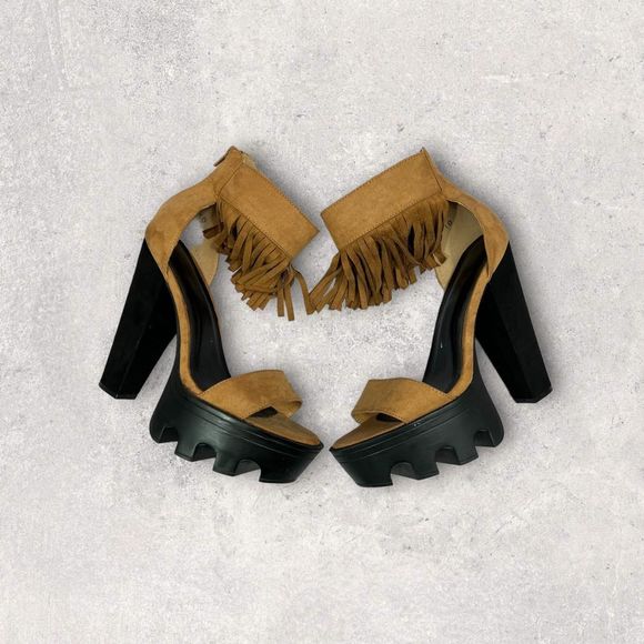 Wild Diva Vive68 fringe ankle cuff high heel platforms Chestnut (Beige) Size 10 - Picture 1 of 8